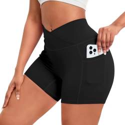 Shujin Damen Gym Shorts V Cross mit Handytasche Sportshorts High Waist Push Up Kurze Sporthose Nahtlos Blickdicht Workout Leggings Radlerhose für Sommer Yoga Fitness Lauf(1pc Schwarz,XXL) von Shujin