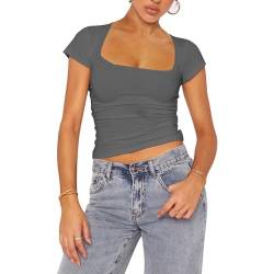 Shujin Damen T-Shirt Crop Top Y2K Slim Fit Oberteile Basic Kurzarm Stretch Eng Skim Dupes Cropped Tee Bauchfrei Tops Lässige Streetwear Vintage Aesthetic Outfit(Quadratischer Kragen:Grau,L) von Shujin