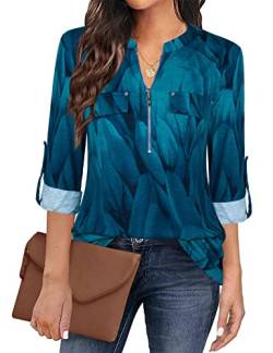 Siddhe Damen Bluse Elegant Festliche 3/4 Ärmel Tunika Tops V-Ausschnitt Oberteile Reißverschluss Longshirt A Form T-Shirt Arbeit Hemd Langarmshirts Business Shirt Pfauenblau, Large von Siddhe