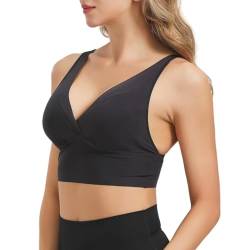 SilRiver Frauen Seide Gepolsterte Bralette Tiefe V Yoga Sport BH Criss Cross Back Draht Freies Crop Top Super Weich Bequem für empfindliche Haut (Schwarz, L) von SilRiver