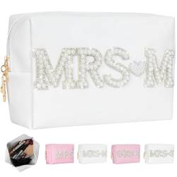 Silongder Kosmetiktasche mit Aufschrift "Bride Patch MRS" mit Perlen und Strasssteinen, Reise-Kulturbeutel, PU-Make-up-Tasche, weiß, wasserdicht, Kosmetiktasche, Geschenk für Brautparty, Hochzeit, von Silongder