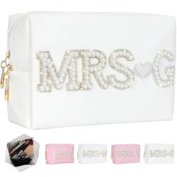 Silongder Kosmetiktasche mit Aufschrift "Bride Patch MRS" mit Perlen und Strasssteinen, Reise-Kulturbeutel, PU-Make-up-Tasche, weiß, wasserdicht, Kosmetiktasche, Geschenk für Brautparty, Hochzeit, von Silongder