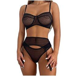 Sizoer Dessous Damen Sexy Kostüme Netz Durchsichtig Unterwäsche Set BH Und Slip Strapse Curvy Schlafanzug Reizwäsche Dessous Set Mit Strumpfhalter 3 Stück BH Und Höschen Set Erotische Dessous-Sets von Sizoer