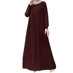 Kleidung Damen Sale Strandkleid Damen Sommer Muslimisches langärmeliges temperamentvolles Elegantes Faltenrock einfarbiges Plissiertes Kleid mit Rundhalsausschnitt Sommerkleider Damen Lange von Skang