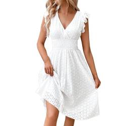 Skang Sale Kleid Damen Sommerkleid Damen Leicht Midi-Damenkleid mit Spitzen-Jacquard-Ausschnitt und schlankmachendem V-Ausschnitt in Übergröße Weite Kleider Strickkleid Damen Sommer von Skang