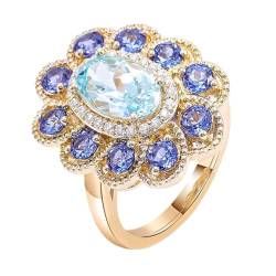 18 Karat Gelbgold Eheringe Hellblau Aquamarin Oval, Ringe Damen Blütenförmig mit Ovalem 3ct Aquamarin Erstellt Saphir Ringe Frauen Größe 56 (17.8) von Skcess