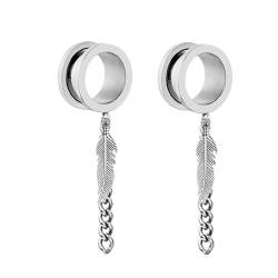 2Pcs Ohrpiercing 8mm Edelstahl, Tunnel Frauen Silber Rund Mit Kette Und Blattanhänger Flesh Tunnel Set von Skcess