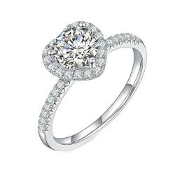 Ring Silber 925 Damen Breit Ring für Freundin Weiß Moissanit Runden, Verlobungsring Damen Herz mit 1ct Moissanit Ringe Frauen Größe 53 (16.9) von Skcess