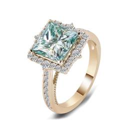 Skcess 18 Karat Gelbgold Promise Ring Blau Grün Moissanit Prinzessin, Eheringe Quadratisch mit 2 Karat Blaugrünem Moissanit Ring Damen Größe 50 (15.9) von Skcess