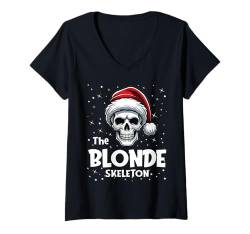 Damen Blonde Skeleton Funny Christmas Family Matching T-Shirt mit V-Ausschnitt von Skeleton Christmas Pajamas Apparel