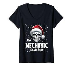 Damen Mechanic Skeleton Funny Christmas Family Matching T-Shirt mit V-Ausschnitt von Skeleton Christmas Pajamas Apparel