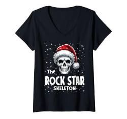 Damen Rock Star Skeleton Funny Christmas Family Matching T-Shirt mit V-Ausschnitt von Skeleton Christmas Pajamas Apparel