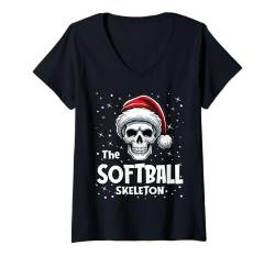 Damen Softball Skeleton Funny Christmas Family Matching T-Shirt mit V-Ausschnitt von Skeleton Christmas Pajamas Apparel