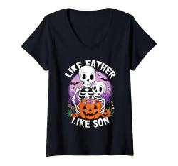 Damen Skelett Vater Sohn Halloween Partnerlook Kostüm T-Shirt mit V-Ausschnitt von Skelett Halloween Vater Und Sohn Gruppen Kostüm