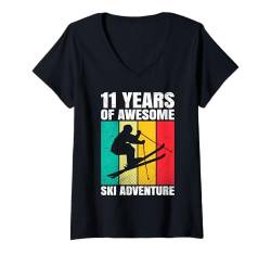 Damen Skifahren Kinder 11 YEARS OF AWESOME SKI ADVENTURE T-Shirt mit V-Ausschnitt von Skifahren Geschenk Geburtstag Kinder Skifahrer