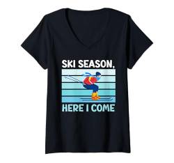 Damen Skifahren Kinder SKI SEASON HERE I COME Lustig Jungs T-Shirt mit V-Ausschnitt von Skifahren Geschenk Kinder Shirt Skifahrer Jungs