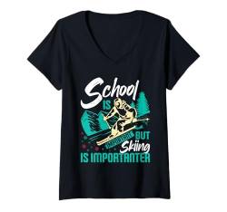 Damen Skifahren SCHOOL IS IMPORTANT BUT SKIING IMPORTANT Skiferien T-Shirt mit V-Ausschnitt von Skifahren Geschenk Kinder Shirt Skifahrer Jungs