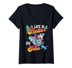 Damen Skifahren Kinder LIFE IS BETTER ON SKIES Lustiges Ski Ferien T-Shirt mit V-Ausschnitt von Skifahren Geschenk Kinder Shirt Skifahrer Kids