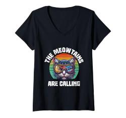 Damen Skifahren Kinder THE MEOWTAINS ARE CALLING Lustiges T-Shirt mit V-Ausschnitt von Skifahren Geschenk Kinder Shirt Skifahrer Kids