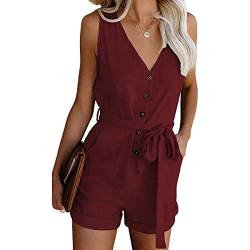 Skrsila Damen Jumpsuit Sommer Kurz Elegant Overall Ärmellos V-Ausschnitt Knöpfe Playsuit mit Gürtel und Taschen Einteiler High Waist Einfarbig Romper von Skrsila