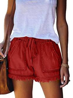 Skrsila Damen Shorts Sommer Kurze Hosen mit Tunnelzug Baumwolle Leinen Shorts Gummiband Hotpants Quaste Shorts Rot XL von Skrsila