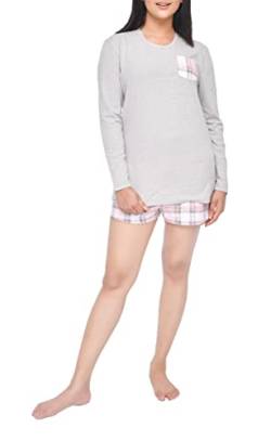 Sleepdown Damen Karomuster Schlafanzug 2-teilig Kurzarm Taschen T-Shirt & Kariert Short Set Casual Loungewear Nachtwäsche, Grau/Pink, XXL von Sleepdown