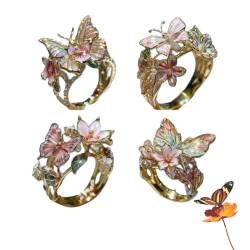 Slipasikao Schmetterlingsblumenring, zierlicher Schmetterlingsring, Verstellbarer vergoldeter Schmetterlingsblumenring für Damen, EIN liebevolles Geschenk für Mutter, Tochter, Ehefrau (4 PCS,Gold) von Slipasikao