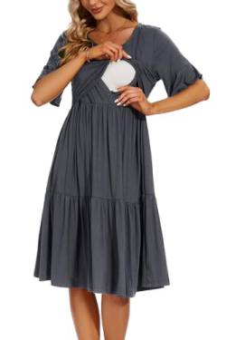 Smallshow Damen Stillkleid Kurzarm Rüschen Umstandskleid Umstandsmode,Dark Grey,S von Smallshow