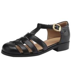 Smilice Damen Vintage Geschlossene Ledersandalen mit Runder Zehenpartie und Schnalle (Schwarz,41) von Smilice