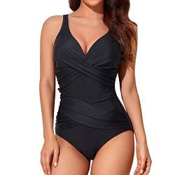 Smismivo Badeanzug Damen Bauchweg Push Up Shape Schwimmanzug mit Bügel Retro Schlankheits Raffung Einteilige Bademode Swimsuits for Women One Piece Swimming Suits Badekleid (schwarz schwarzer) von Smismivo