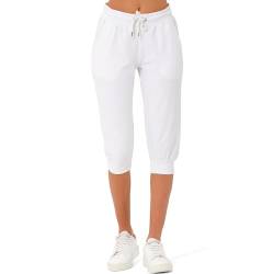 Smith & Solo Jogginghose Damen 3/4 - Sporthose Capri Kurze Hose Yogahose Damen, Freizeithose Laufhose Sommer Kurz Hosen,Trainingshose Fitness Sweathose (Weiß, L) von Smith & Solo