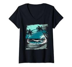 Damen Tropische Meereswelle T-Shirt mit V-Ausschnitt von Smooth HQ