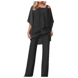 Hosenanzug Damen Tüll Abendanzug Sets Hosenanzug Damen Festlich Elegant Chiffon Shirt Hohe Taille Hosenanzug Elegant Vintage 2-Teiliges Set Outfit Cocktail Party Hosenanzug Damen (Black-B, XL) von Snakell