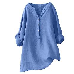 Leinen Bluse Damen Leinenbluse Damen Sommer Oberteile Damen Langarm Große Größen Hemdbluse Damen Tunika V-Ausschnitt Langarmshirt Leinen Einfarbig Blusen Shirt Musselin Bluse Damen (Blue #3, XL) von Snakell