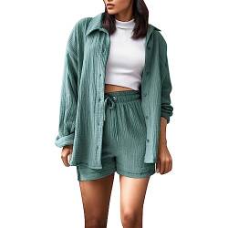 Snakell Zweiteiler Damen Outfit Sommer Musselin Bluse Outfits Anzug 2 Teilig Bluse und High Waist Shorts Set Y2K Streetwear Aesthetic Clothes Loungewear Anzug Oversize Tracksuit Freizeitanzug von Snakell