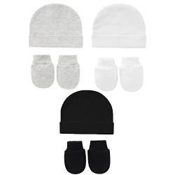 Snegyu Unisex Mütze und Handschuhe kratzfest Neugeborene Baumwolle Baby Essential Mädchen Mütze Hut Mädchen Baby Set 0-3 Monate, schwarz/grau/weiß, 0-3 Monate von Snegyu