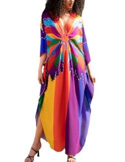 Snyemio Strand Kaftan Damen Bunt Übergröße Strandkleid Sommer Lange Tunika Maxikleid Große Größen,Farbe 5,Einheitsgröße von Snyemio