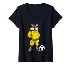 Damen Wolf Fussball T-Shirt mit V-Ausschnitt von Soccer Animals