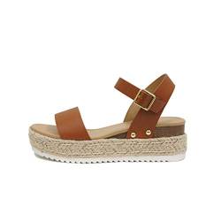 Soda Clip ~ Damen Espadrille mit offenem Zehenbereich, Knöchelriemen, Plateau-Sandalen, Hellbraun, 37.5 EU von Soda