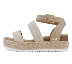 Soda Top Shoe Bryce Espadrilles mit offener Zehenschnalle, Knöchelriemen, Flatform, Keilabsatz, lässige Sandale, Beige Canvas/Taupe, 39.5 EU von Soda