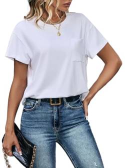 Sofia's Choice Damen Taschen Kurzarm T Shirt Sommer Rundhals Basic Oberteil Casual Top Weiß M von Sofia's Choice