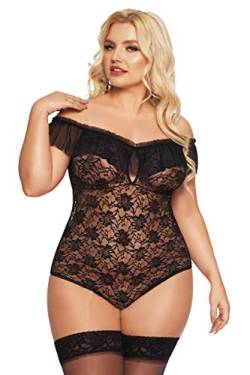 Softline. Schwarzer XXL Dessous ouvert Body Plus Size transparent aus Tüll und Spitze im Schritt offen dehnbar 2XL von Softline.