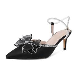 Soireelady Kitten Absatz Schuhe aus Satin für Damen Elegante Schuhe mit Niedrigem Absatz Geschlossener Spitzer Kappe und mit Strass Verzierter Schleife 2.5 Zoll Schwarz EU38 von Soireelady