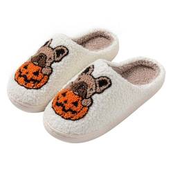 Solutra Hausschuhe Damen Plüsch Winter, Warme Pantoffeln Herren Slippers Damen, Flauschige Weiche Rutschfeste Hauspantoffeln Damen (43/44 EU, Kürbis&Hund weiß) von Solutra