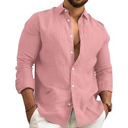 Solutra Leinenhemd Herren Langarm Herrenhemd, Revers Linen Hemd Herren Sommer, Leinen Hemd Freizeithemden für Herren (L,Rosa) von Solutra