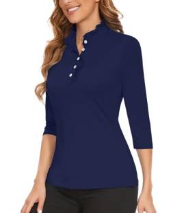 Soneven Bluse Damen Elegant Hemd 3/4 Ärmel Golf Poloshirt Damen Langarm Lady Office Hemdbluse Sommer Rüschen Stehkragen Oberteile Dunkel Blau XL von Soneven