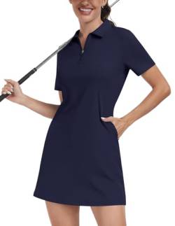 Soneven Damen Tenniskleid mit Hose 1/4 Zip Tennis Kleidung Set Kurzarm Sportkleider Sommerkleid Golfkleid Für Sport Tennis Baseball,Dunkelblau,L von Soneven