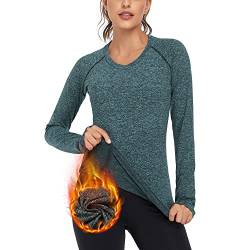 Soneven Funktionsshirt Damen Langarm Winter Fleece Thermo Laufshirt Sportshirt Damen Langarm Warmer Pullover V Ausschnitt Herbst Thermoshirt Langarmshirts mit Daumenlöche VI-Grün S von Soneven