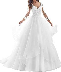 Hochzeitskleid Brautkleid A-Linie V-Ausschnitt Damen Prinzessin Brautkleider Langarm Weiß 32 von SongSurpriseMall