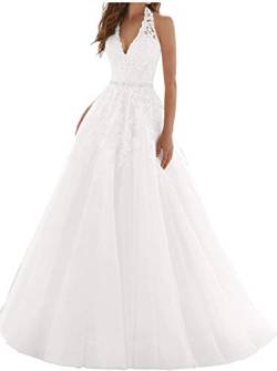 Hochzeitskleid Brautkleid Neckholder Spitze Tüll Abendkleid A-Linie Rückenfrei Weiß 44 von SongSurpriseMall